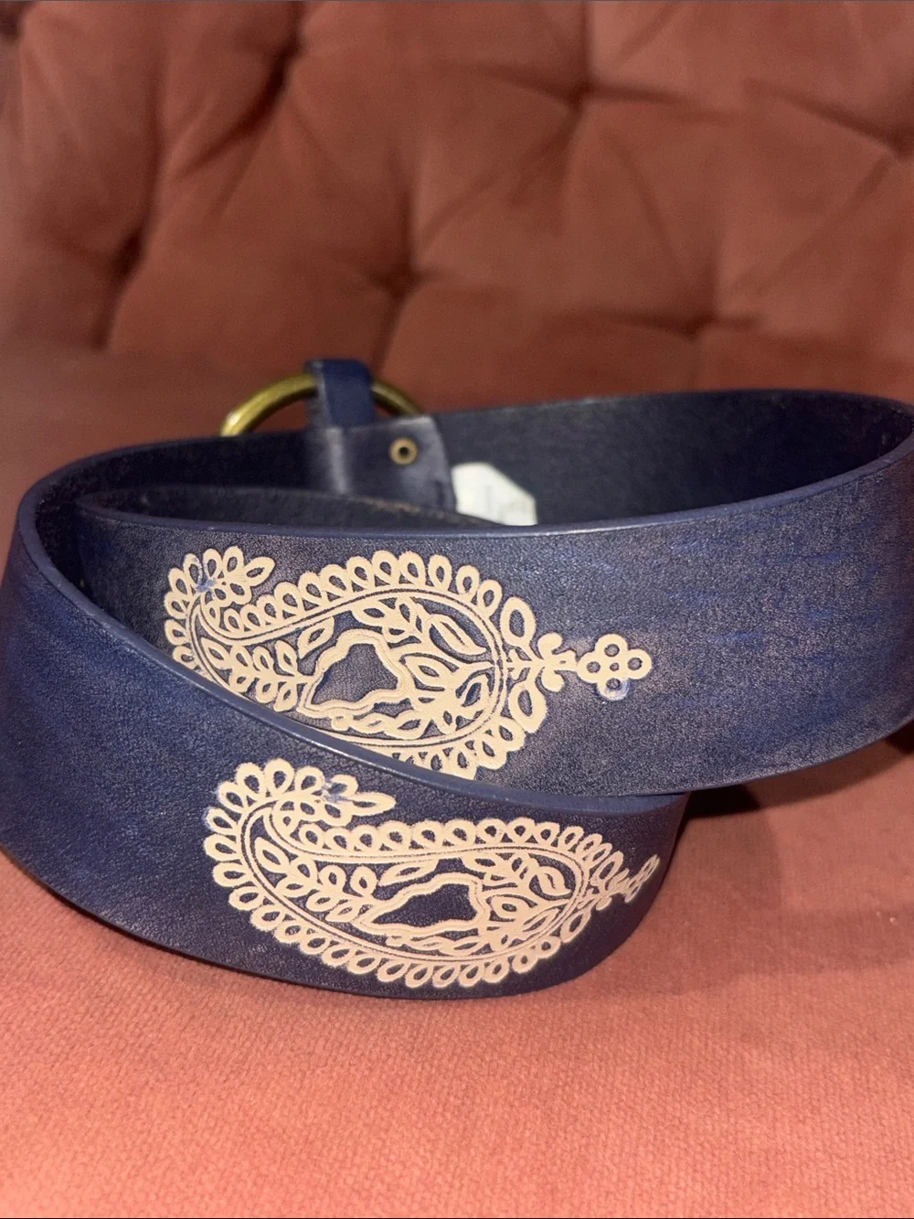 Gap belt blue leather paisley embossed y/k belt brass buckle women’s small